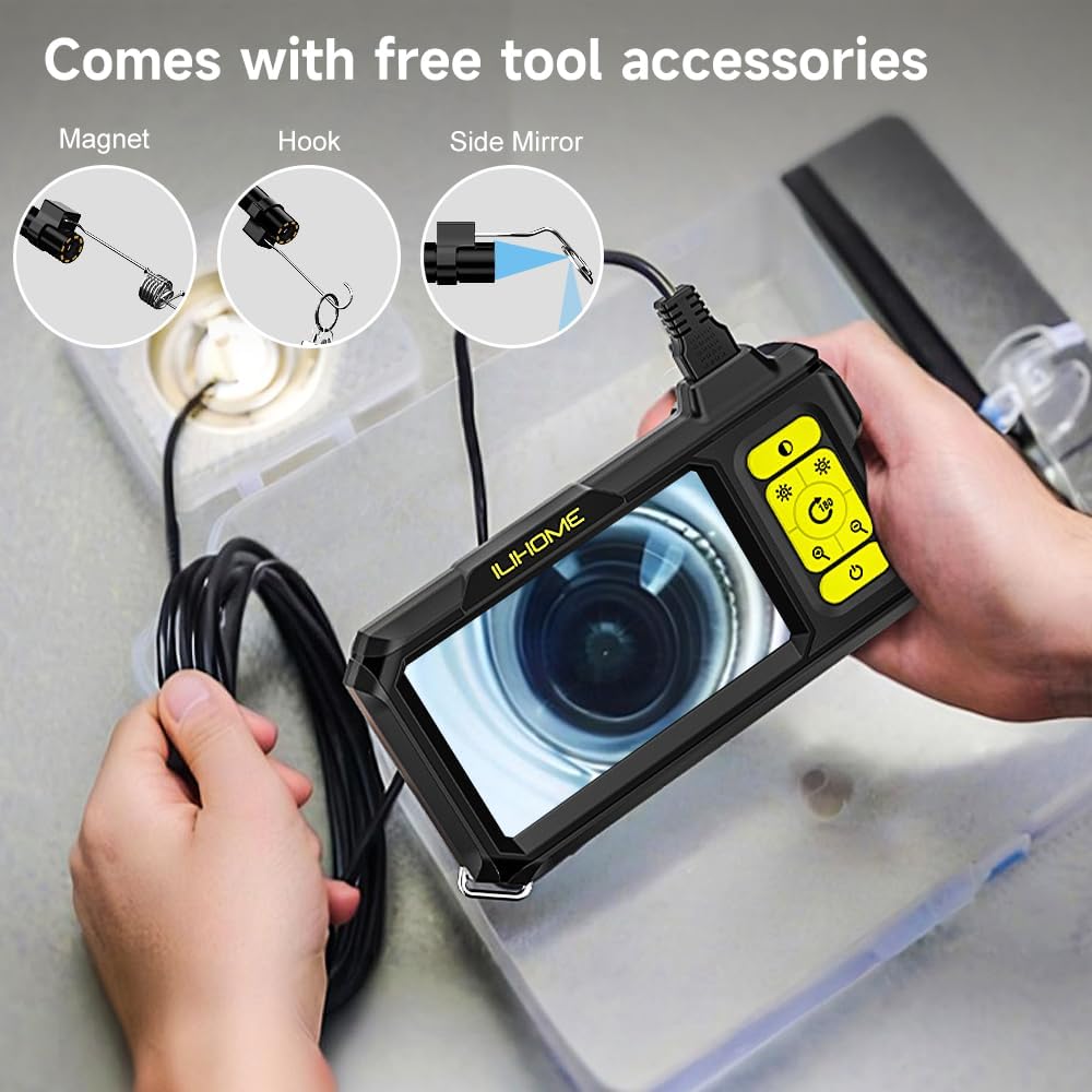 Telecamera endoscopio a doppia lente con luce ILIHOME industriale, telecamera di ispezione 4,3 HD IPS, schermo impermeabile, telecamera a serpente, canale endoscopio con 8 + 1 LED luce 5 m