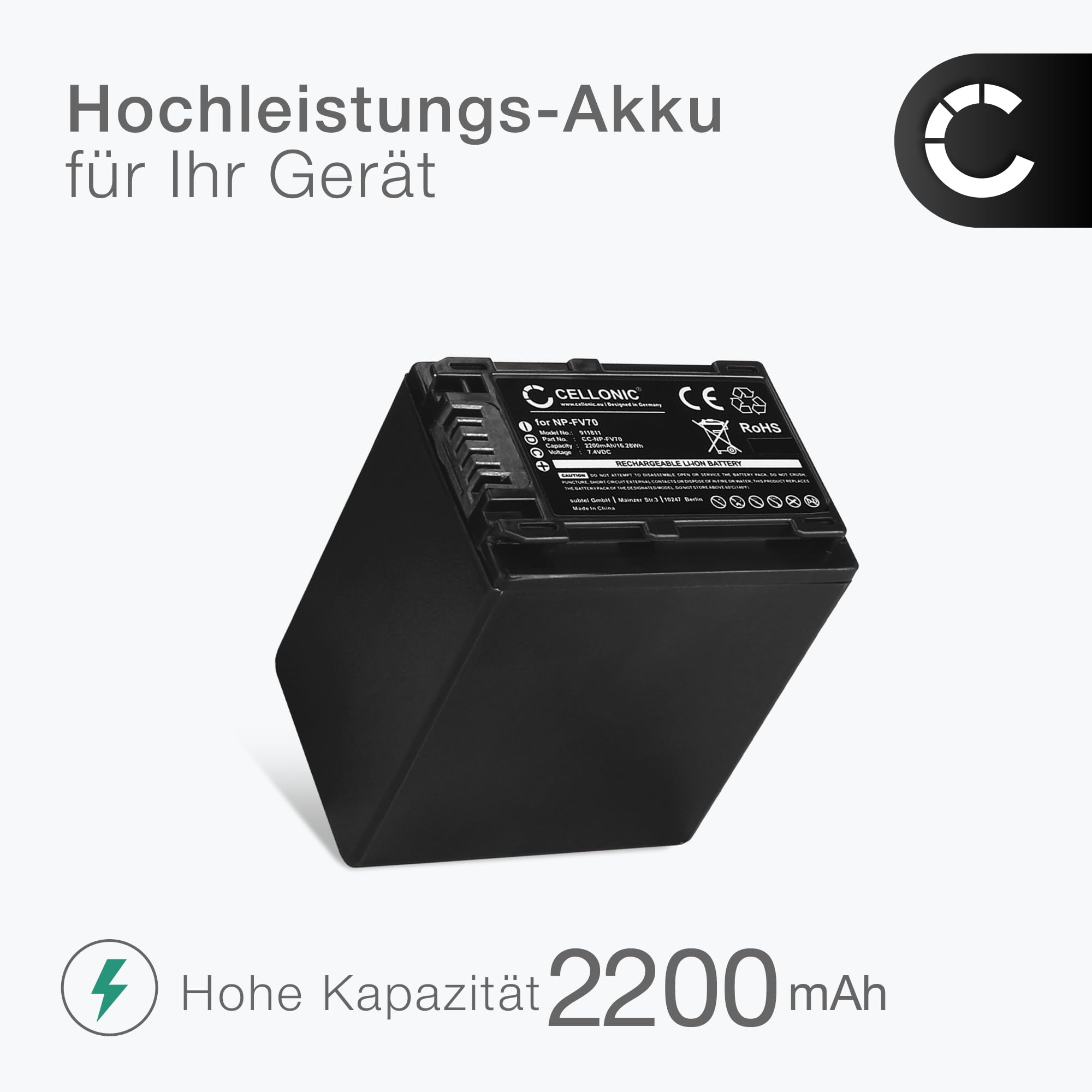 CELLONIC 1x Akku für Kamera Kompatibel mit Sony FDR-AX33, HDR-CX250, HDR-CX270, NP-FV70 - (2200mAh, 7.4V)