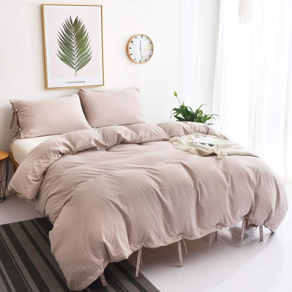 M&Meagle Duvet Cover Khaki,Solid Color Bowknot Design,100% Microfiber Treated by Washed Cotton Process,Feels Like a Very Soft Cotton-Twin Size(2Pcs,1 Duvet Cover 1 Pillowcase)
