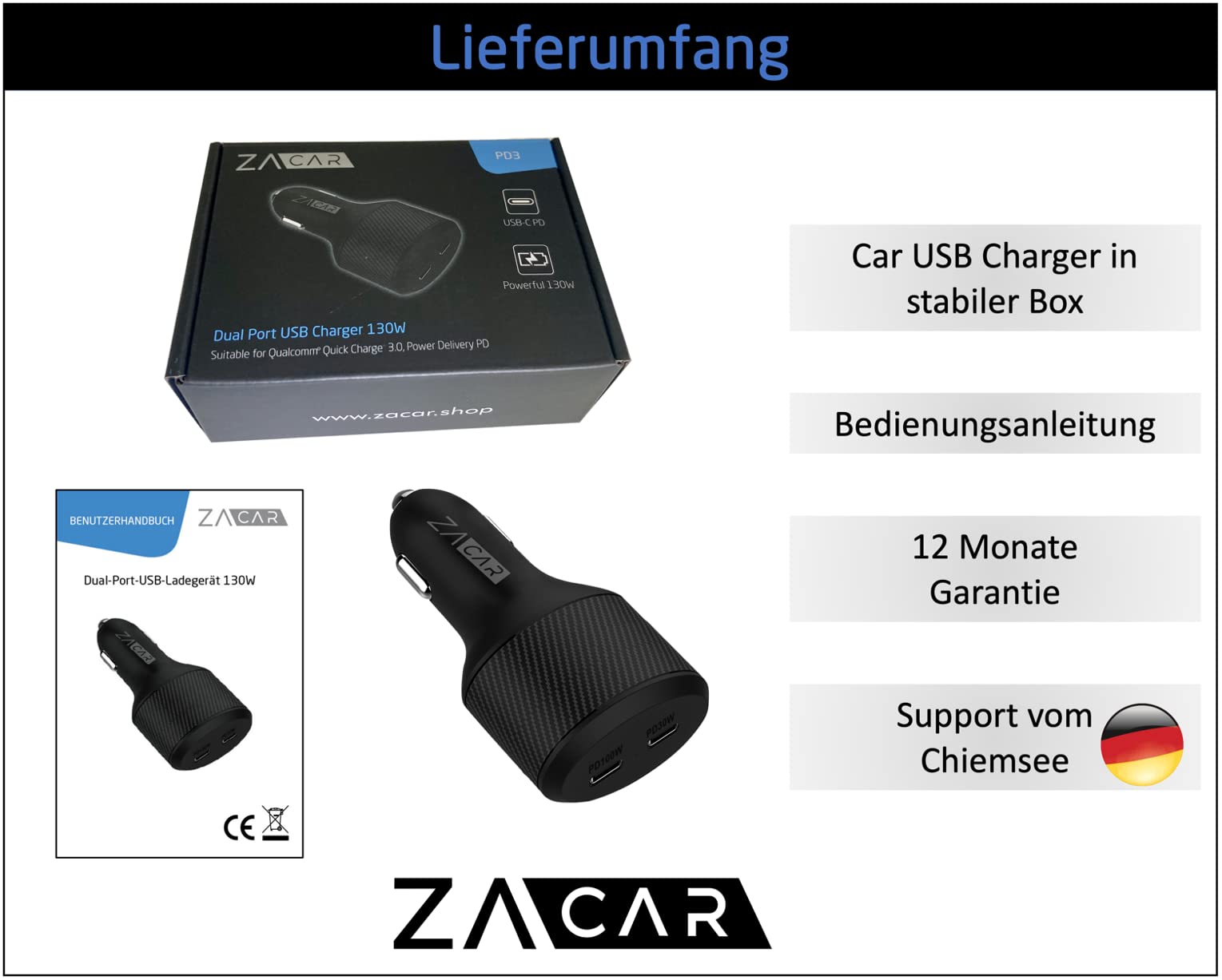 Cargador de coche USB-C de 130 W, 2 compartimentos: cargador de coche de ZACAR con 100 W + 30 W USB-C Power Delivery para 12 V/24 V – Coche/camión/caravana, carga MacBook Samsung Huawei FCP SCP Apple