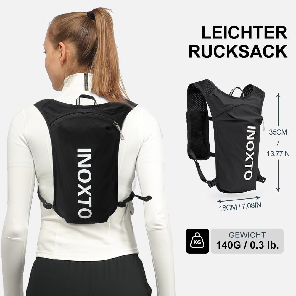 INOXTO Zaino da Corsa 5L - Leggero Zaino Idratazione con Strisce Riflettenti,Rete Traspirante per Outdoor, Maratona, Ciclismo, Alpinismo, Uomoe Donna