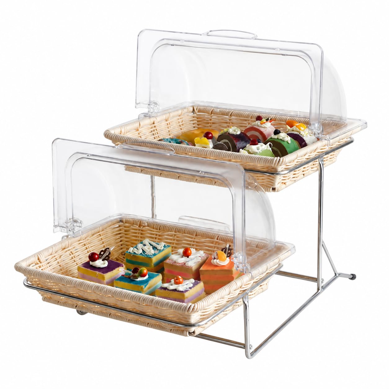 Soporte para Tartas Expositor Buffet, Bandeja Servir con Tapa abatible, 2 Niveles, imitación ratán y Metal 32x26x6,5 cm, Cream