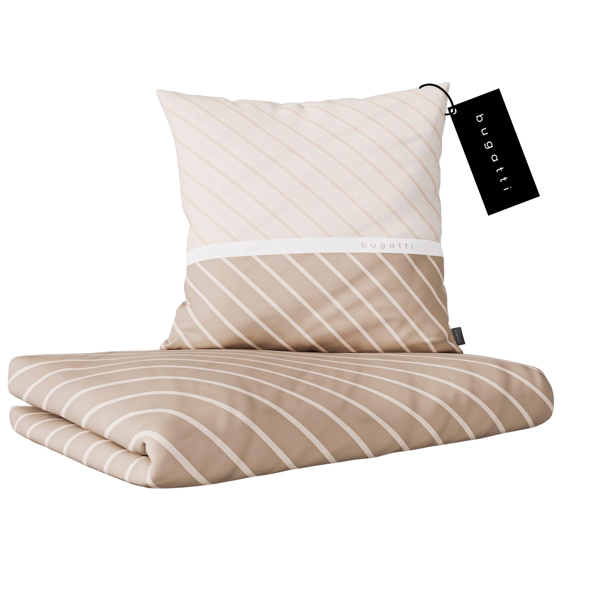 bugatti Bettwäsche 135 x 200 cm - 100% Baumwolle, Reißverschluss, anschmiegsam, weich & waschbar, Mako Satinbettwäsche gestreift beige