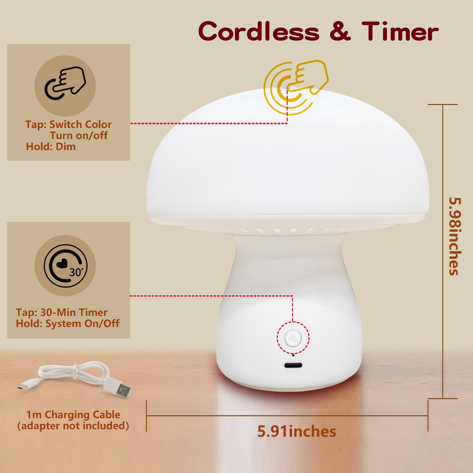 Luz nocturna roja, lámpara de hongo para dormir y relajarse, luz roja regulable de 630 nm con temporizador, control táctil para dormitorio, guardería, yoga, promueve la melatonina