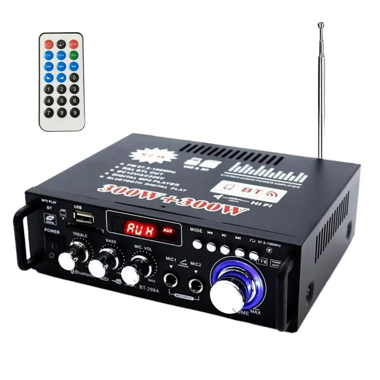 Amplificador de Audio Estéreo BT-298A, 2 Canales, 600W, HiFi, 5.0, 12V/220V, Control Remoto, Pantalla LCD, Compatible con iPads, Teléfonos Inteligentes, Tabletas