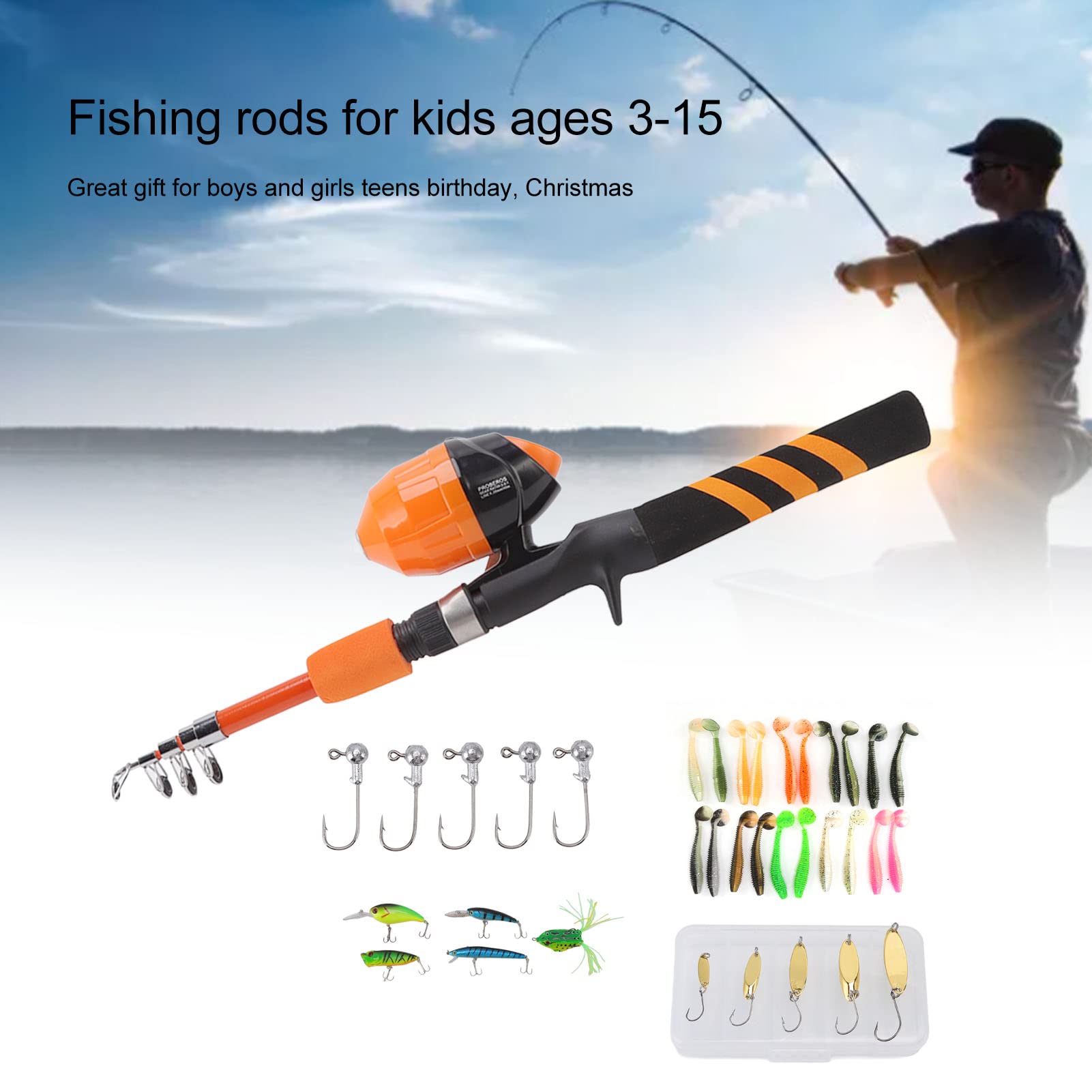 Canne à Pêche pour Enfants De 1,5 M - Portable, Rétractable Et Adaptée Aux Débutants - Orange - Cadeau pour Les Tout-Petits, Présentez à Votre Petit Pêcheur la Joie de la Pêche