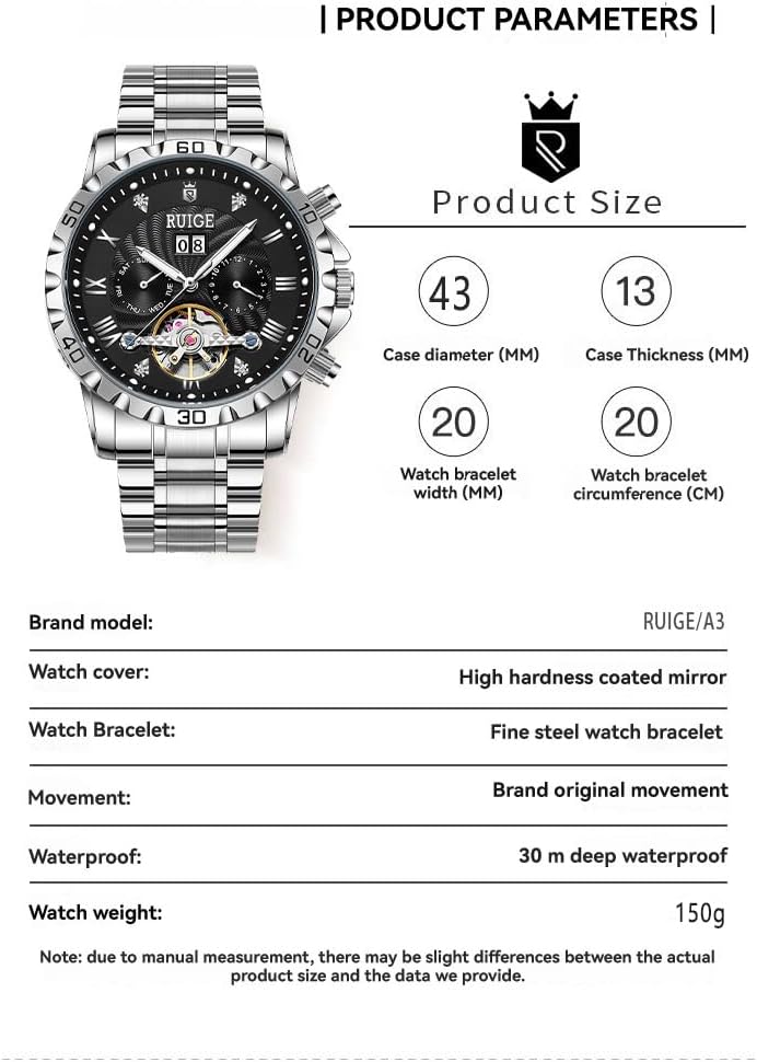 Diagram showing RUIGE A3 watch dimensions and key specifications.