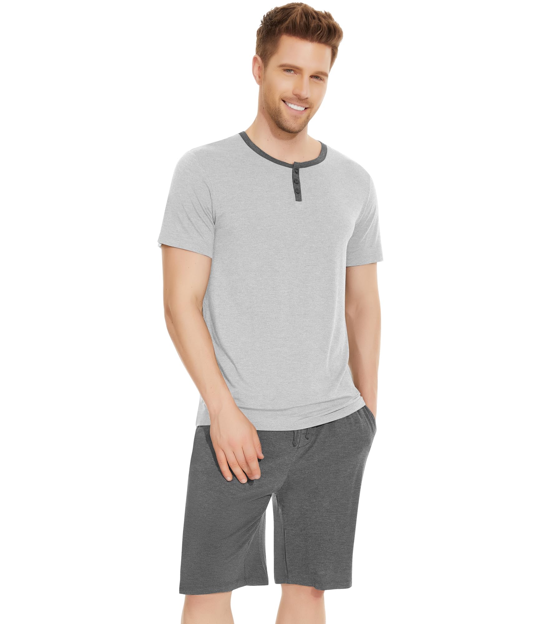 NACHILA Men's Pajamas Set-Viscose Made from Bamboo, Soft Sleepwear Short Sleeve Pjs Top with Shorts Cool Loungewear