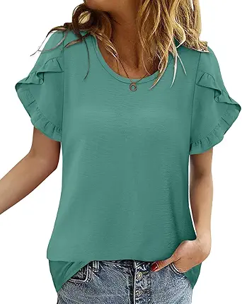 CRAZY GRID Women's Shirts Summer Casual Crewneck Ruffle Short Sleeve Blouses Cute Floral Print Tunic Tops