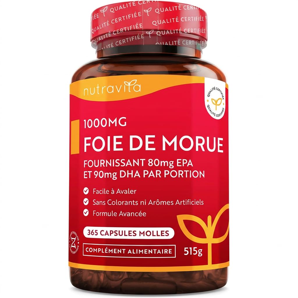 Huile de Foie de Morue 1000 mg - 365 gélules d'Huile de Poisson de qualité supérieure - Oméga 3, Vitamines A, D, E et Huile d'Ail - Soutient la santé cardiaque et cérébrale - Nutravita