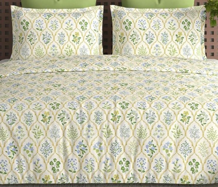 Image of DECOMIZER Cotton Feel All Around Elastic Fitted Glace Printed Queen Size Double Bed Bedsheet with 2 Large Pillow Covers Fits Upto Mattress of 8 Inches,Size - 60 x 78 x 10 Inches, Yellow Jaipuri