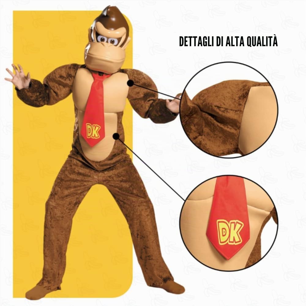 Super Mario Bros Costume da Donkey Kong per bambini, prodotto ufficiale Nintendo, include tuta con busto imbottito, iconica cravatta rossa DK e maschera di Donkey Kong