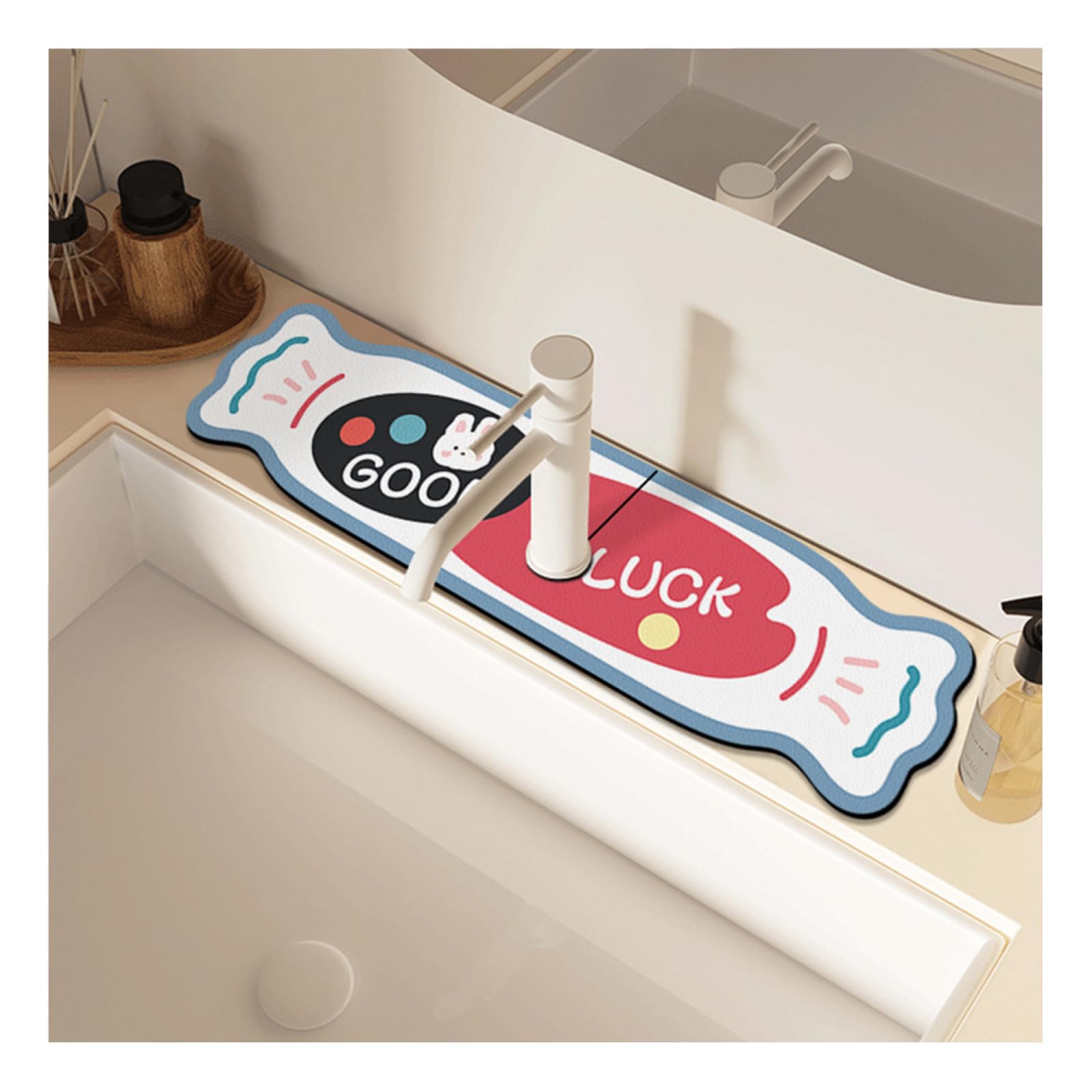 Faucet Absorbent Mat for Kitchen Sink|Creative Cute Cartoon Pattern Faucet Drip Catcher Fast Drying Mat|Splash Guard for Sink Faucet,Candy,14x38cm(5.5x14.9in)-Hole Diameter 6.35cm(2.5in)