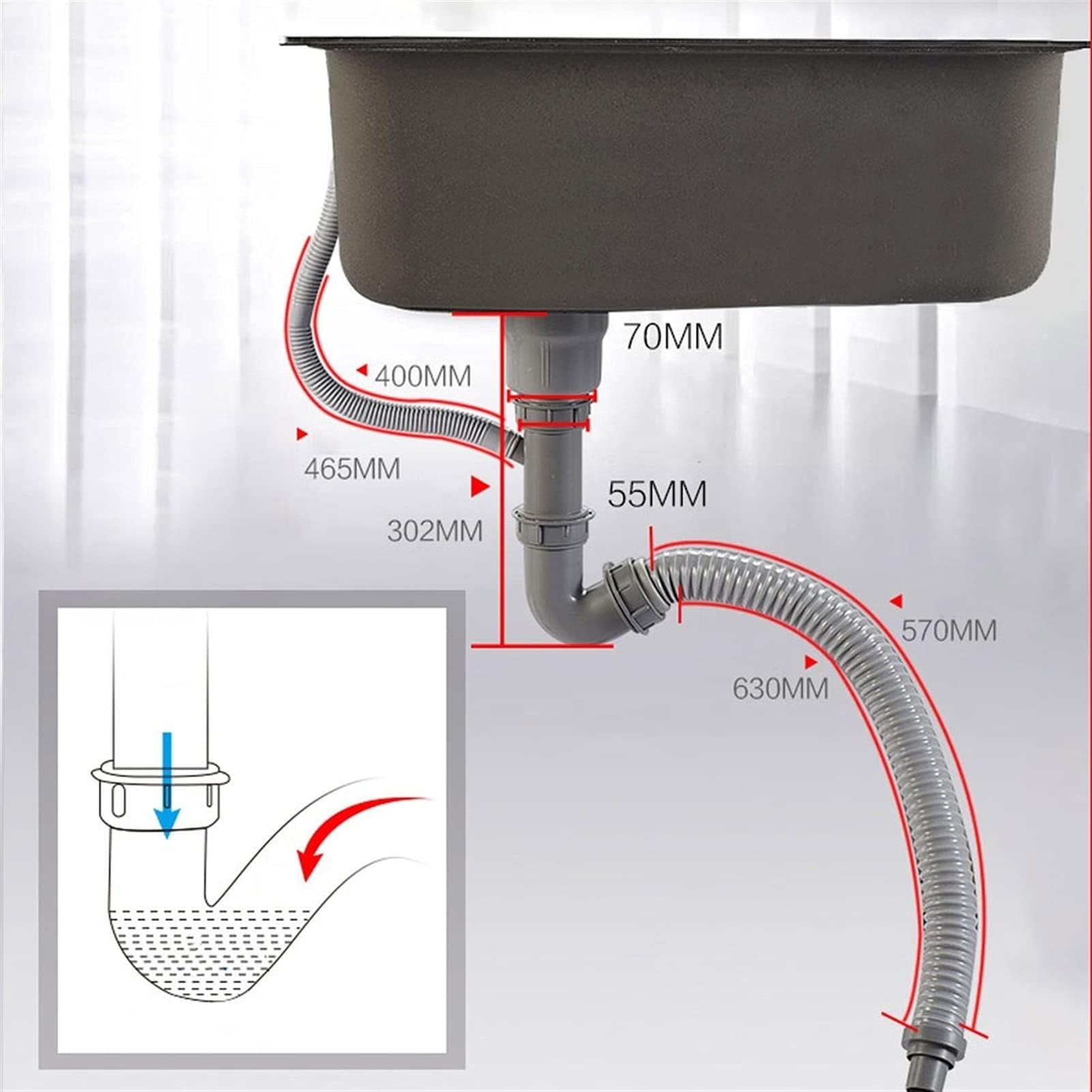 SDdPulse Fregadero de cocina de acero inoxidable 304 con canasta, lavabo de barra de gran capacidad con tubo de drenaje para el hogar y la oficina, plateado, 65 x 43 cm