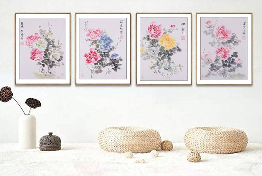 中国古美術・辺寿民款・牡丹花鳥画・三尺絹本・掛軸・純手描き・文房置物・水彩水墨画 中国古美術・辺寿民款・牡丹花鳥画・三尺絹本・掛軸・純手描き・