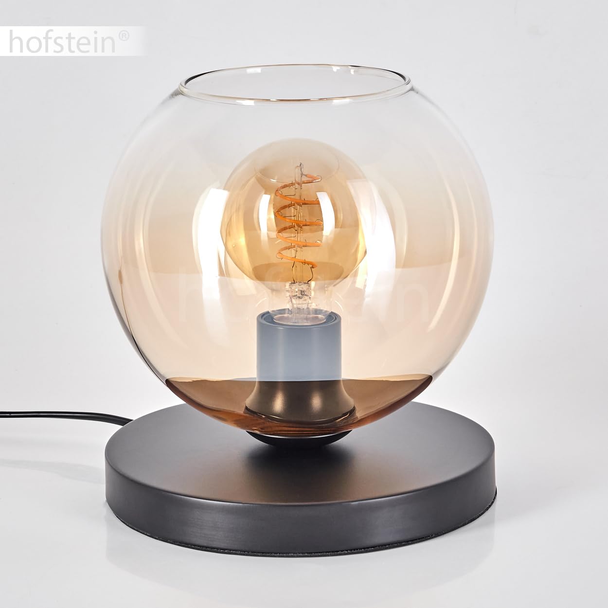 Tischleuchte Apedo, Tischlampe aus Metall/Glas in Schwarz/Bernstein/Klar, Leuchte im modernen Retro/Vintage-Design mit Schirm aus Glas (Ø 20 cm) u. An/-Auschalter am Kabel, 1 x E27, ohne Leuchtmittel