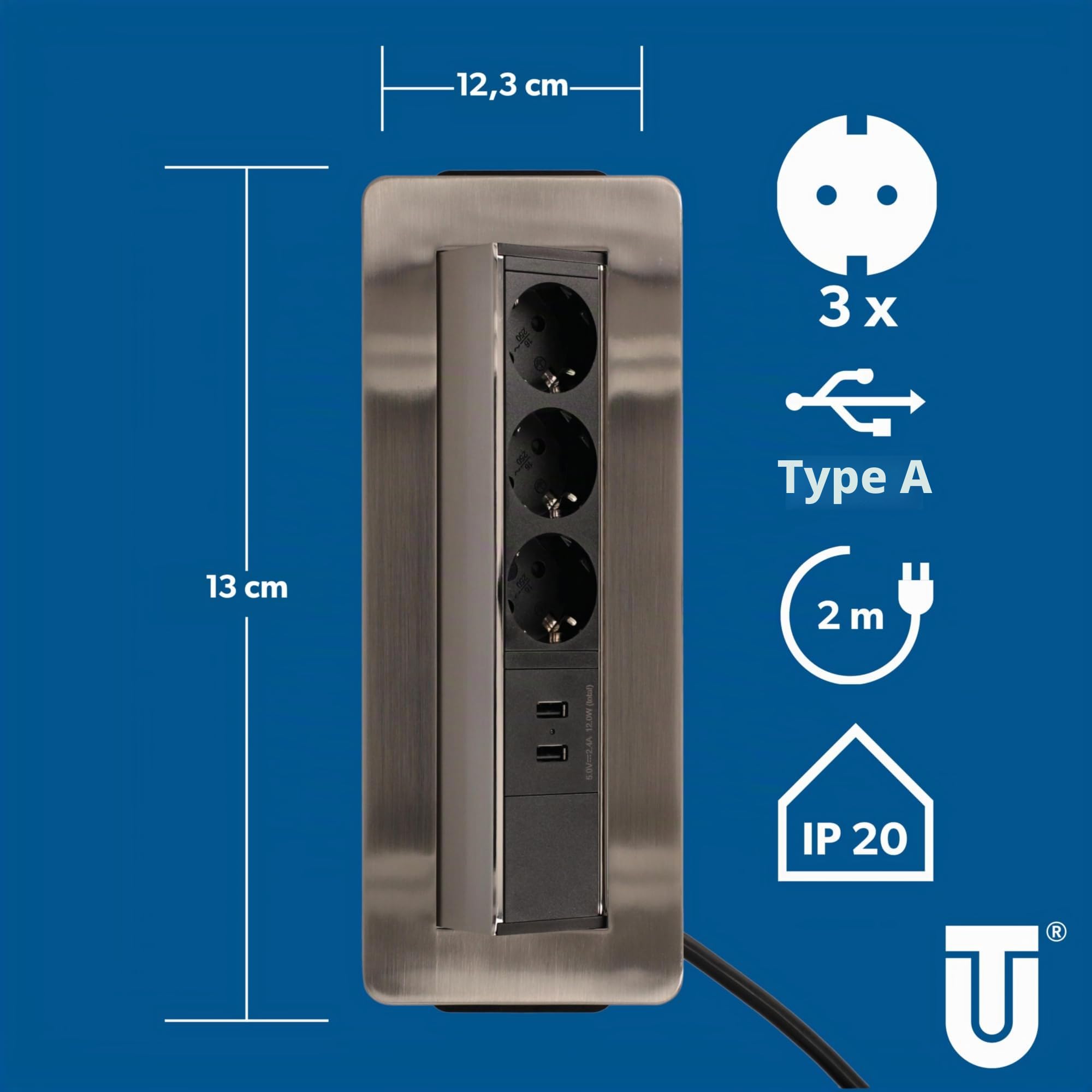 Unitec Multiprise escamotable horizontale | 2 prises de charge USB | 3 prises | rabats de fixation inclus | câble de raccordement et prise d'alimentation