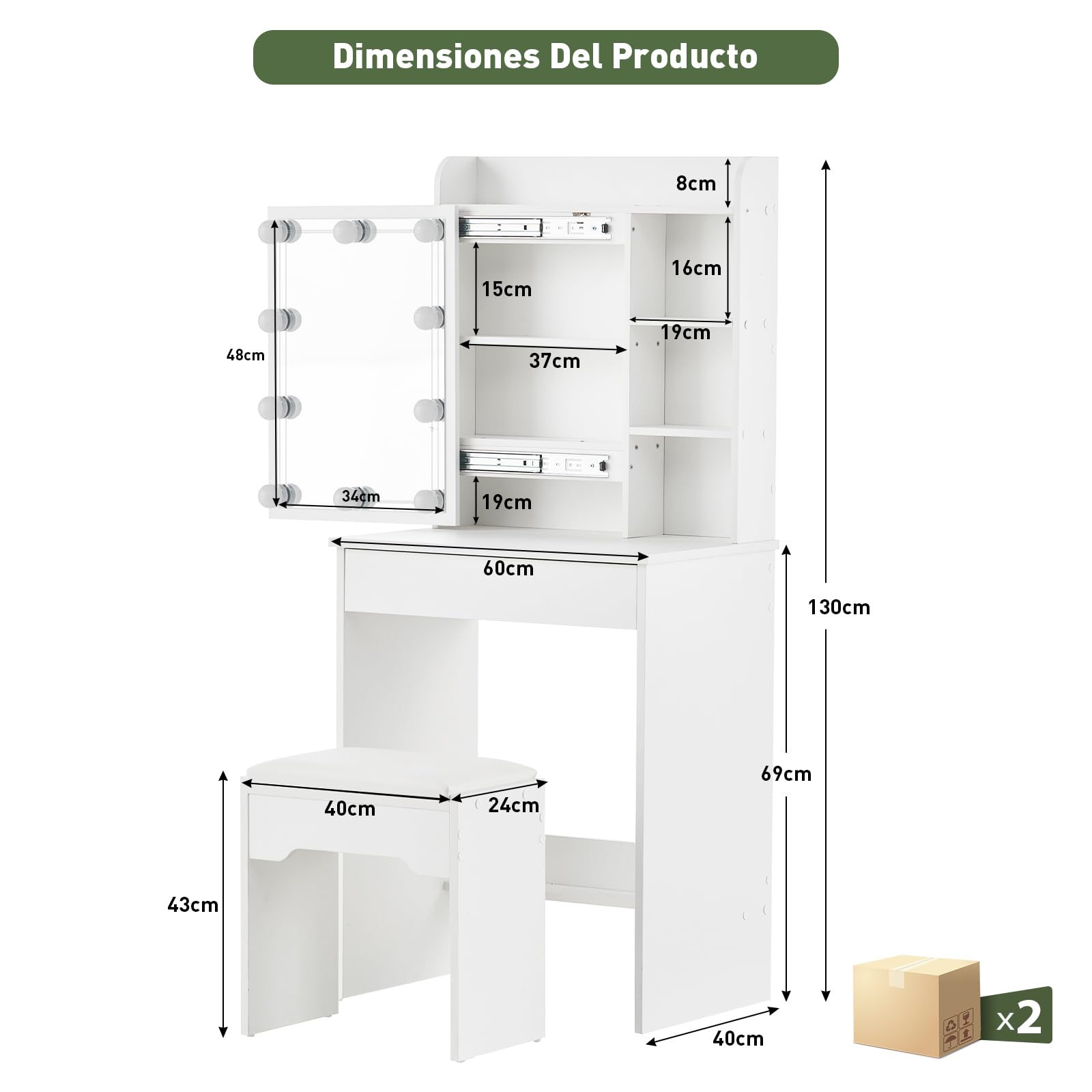 LEMROE Tocador Hollywood con Espejo LED y Taburete, Mesa de Maquillaje Blanca con 7 Estantes y 1 Cajón