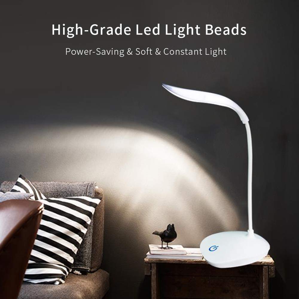 Lixada Lámpara de Escritorio LED Recargable Carga y Enchufe USB portátil Lámpara de Lectura de Manguera Flexible Niños Luz Suave Lámpara de Mesa de Control táctil para cuidar los Ojos