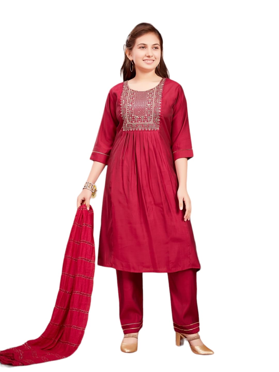 Aarika Girls Ethnic Wear Maroon Colour Sequin Thread Embroidery With Gota Work Silk Kurti Pant Set (8-16 Years)