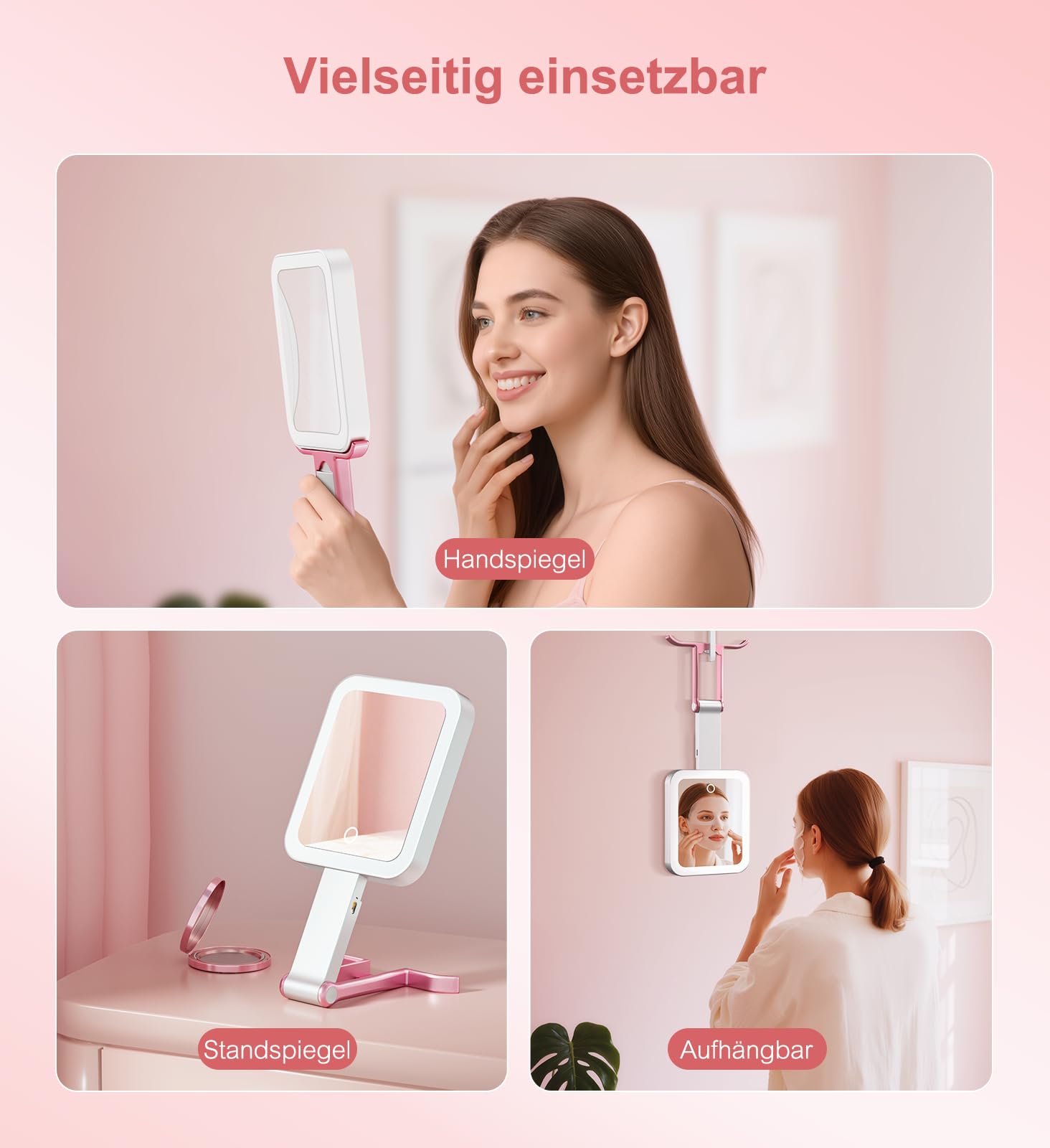 Ziweo Kosmetikspiegel mit Beleuchtung, Wiederaufladbarer Tragbarer Schminkspiegel mit Beleuchtung 3 Farblichter, Dimmbarer Touchscreen Vergrößerungsspiegel Faltbarer Rasierspiegel