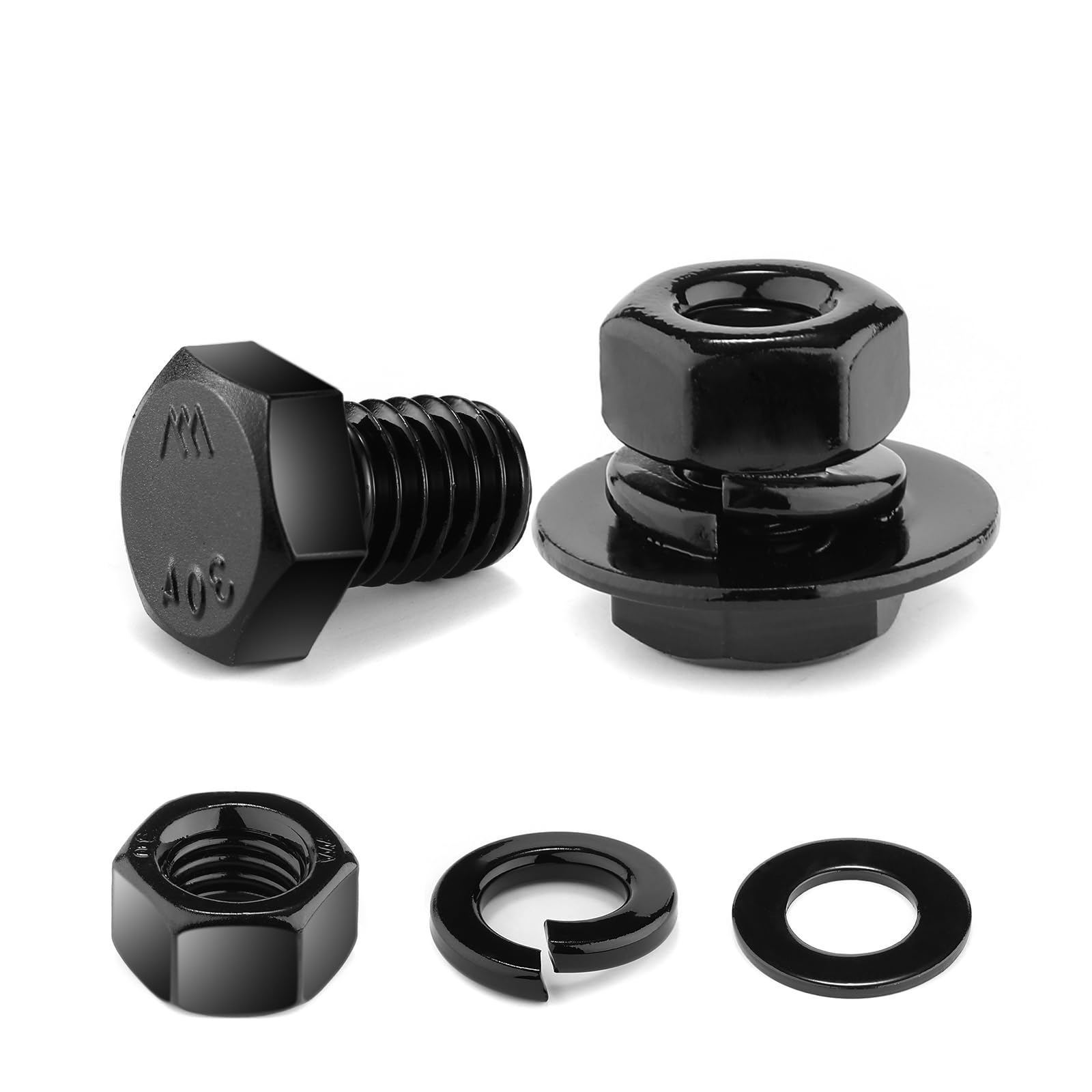 Photo 1 of 1/4-20 x 3/8" Hex Head Screw Bolt, Nuts, Flat & Lock Washers, 10Pcs 18-8 (304) Stainless Steel, Fully Threaded, Black Oxide by SG TZH