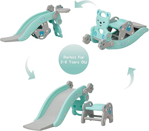 Miniatura 6 de Kinfant Juego de caballos mecedores para niños, centro de actividades 5 en 1 con aro de baloncesto y juego de anillo, juego para bebé con silla