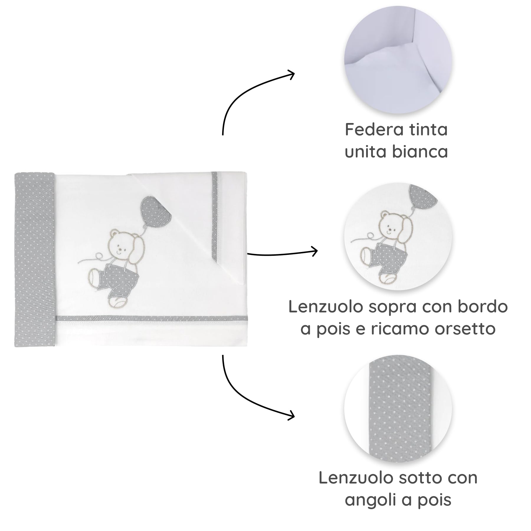 Lisola Baby-Bettwäsche-Set, für Kinderbett oder Wiege, Bettlaken 120 x 180 cm + Kissenbezug 40 x 60 cm + Spannbettlaken 60 x 130 cm, Made in Italy, aus reiner Baumwolle, Stickerei mit Bärenmotiv,