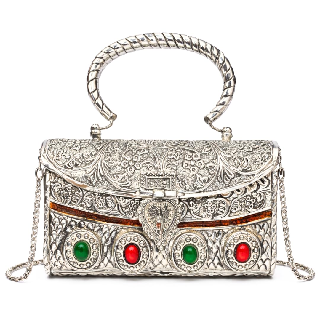 German Silver Vintage Handmade Clutch Purse for Women, Multicolour, with Soft Lining with Snap Closure-image-4