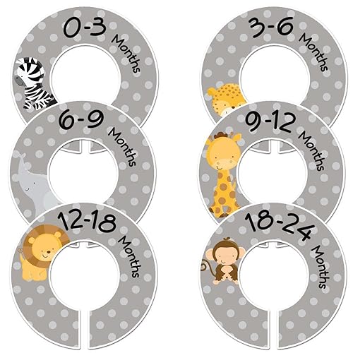 Divisores de armario para bebé, ropa de cuarto de bebé, organizador de tamaño de armario, juego de 6 animales de safari (gris, barra de 1.25