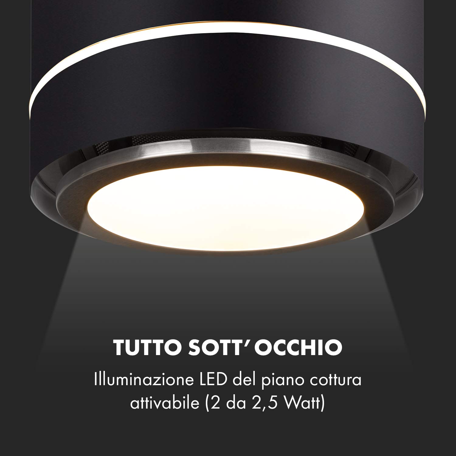 KLARSTEIN Tron Ambience - Cappa da Cucina, Filtri a Carboni Attivi, Cappa Aspirante, ad Isola, 38 x 45 cm (ØxB), Sospensione 60 cm, 3 Modalità, Portata Aria: 540 m³/h, Nero