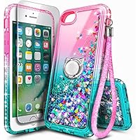 NGB Designed for iPhone SE (3rd 2022 & 2nd Gen 2020)/iPhone 8/7/6/6S Case, Pink/Aqua | Glitter Liquid Cute Cover for Women Girls Kids | with Tempered Glass Screen Protector & Ring Holder-Wrist Strap