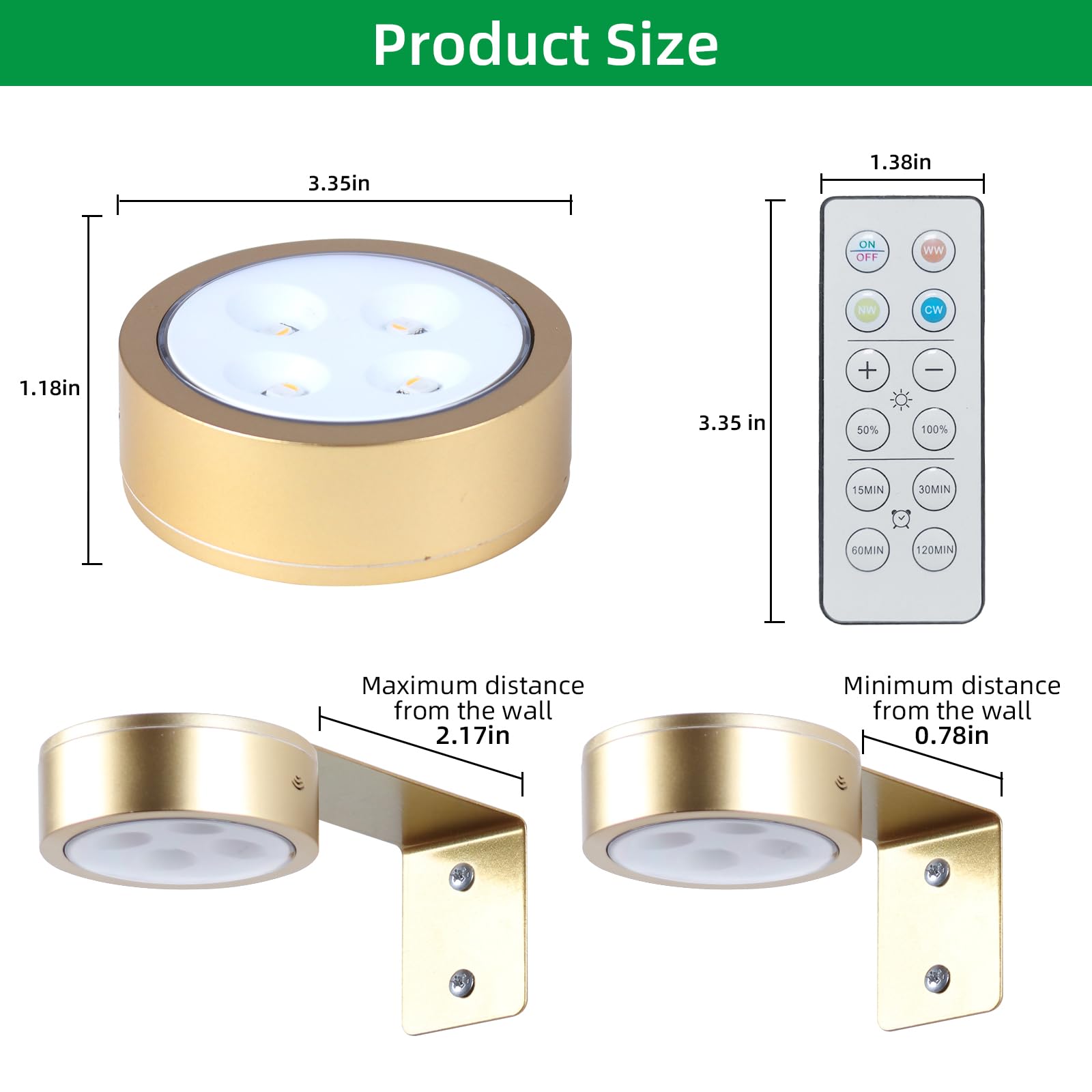 Confezione da 4 luci wireless da parete, ricaricabili, a batteria, con telecomando, dimmerabili, per esposizione artistica, luci da parete a batteria per bersaglio per freccette, cornici per foto,