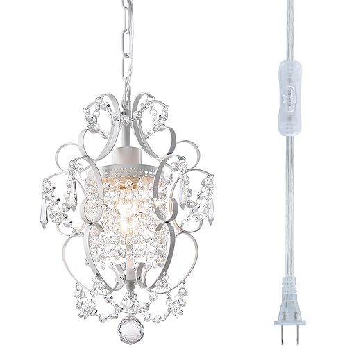Plug in Chandelier Hanging Light Fixture with 14.27 Ft Hanging Cord and On/Off Switch,Mini White Crystal Chandelier Light Fixture for Bedroom,Girls Room,Bathroom