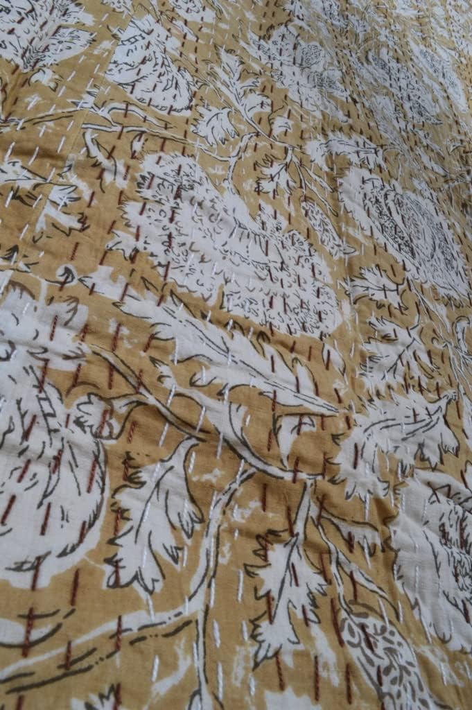 Floral Print Beautiful Kantha Quilt - Indian Hand Block Reversible Cotton Bedding Bedspread - Queen Size Vintage Kantha Gudari (Dark Brown, Twin)