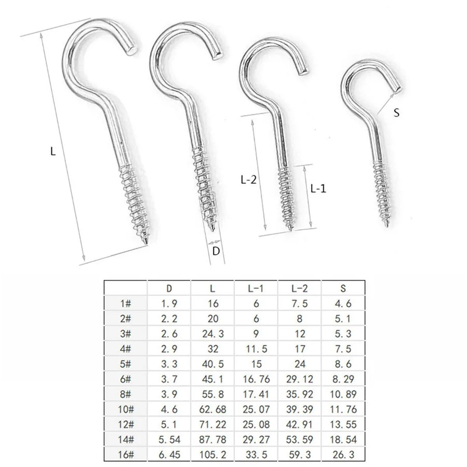 Einschraubhaken， 100 Stück selbstschneidende Schraubhaken, Messing, verzinkt, mehrfarbig, verschiedene Größen, for den Innen- und Außenbereich(Color2,16#)