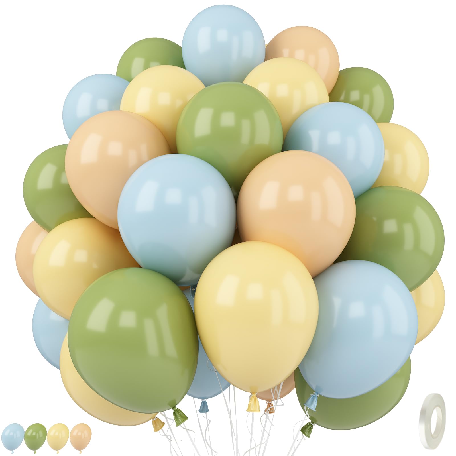 Blue Green Yellow Balloons, 12 Inch Olive Green Light Blue Pastel Macaron Yellow and Nude Apricot Latex Balloons for Baby Shower Kids Birthday Wild One Wedding Bear Theme Party Decorations