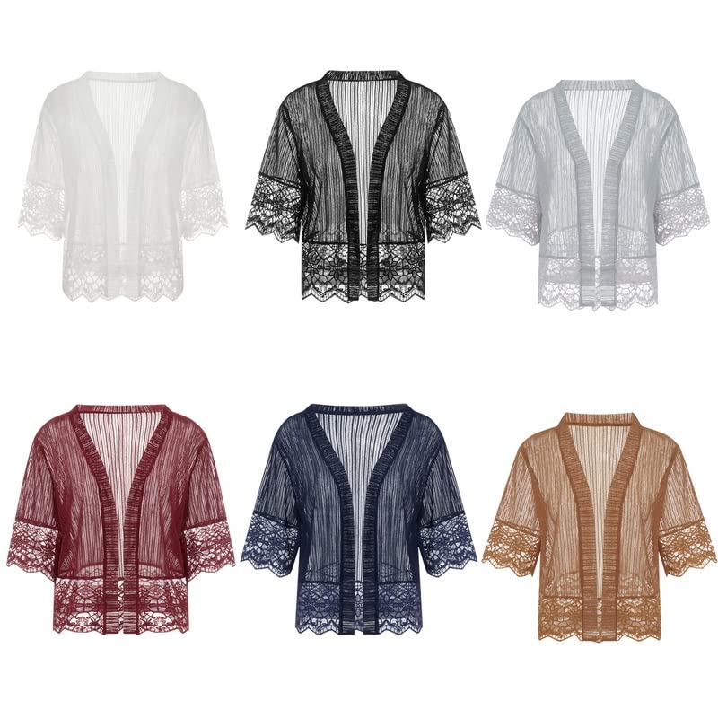 Image of Women Casual Lace Crochet Cardigan Short Sleeve Sheer Cover Up Jacket Ruffle Open Front Blouse Tops Summer Kimono Cardigans