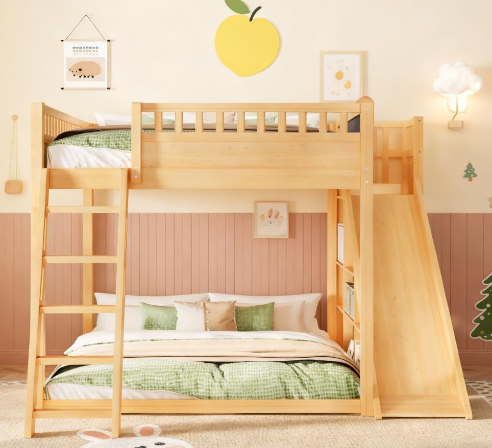 Bellemave Bunk beds Queen Over Queen with Slide and Stair and upholstered headboard, Low bunk/loft Bed for Kids，Natural