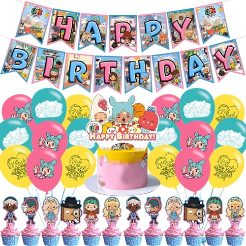 Toca Party Decorations,Life World Birthday Party Supplies Includes Banner- Cake Topper - 24 Cupcake Toppers - 18 Balloons
