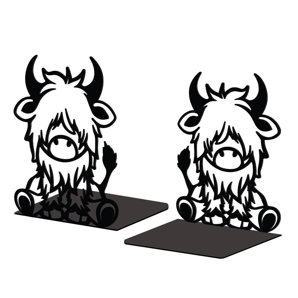 Peacoblue Metal Bookends for Shelves, Modern Decorative Heavy Duty Study Book Support Stoppers for Office, Desk, Shelf, Room 5.3"x4.3"x6.5" Cast Iron Simple Tall Bookends, 1 Pair (Highland Cattle) — image 1