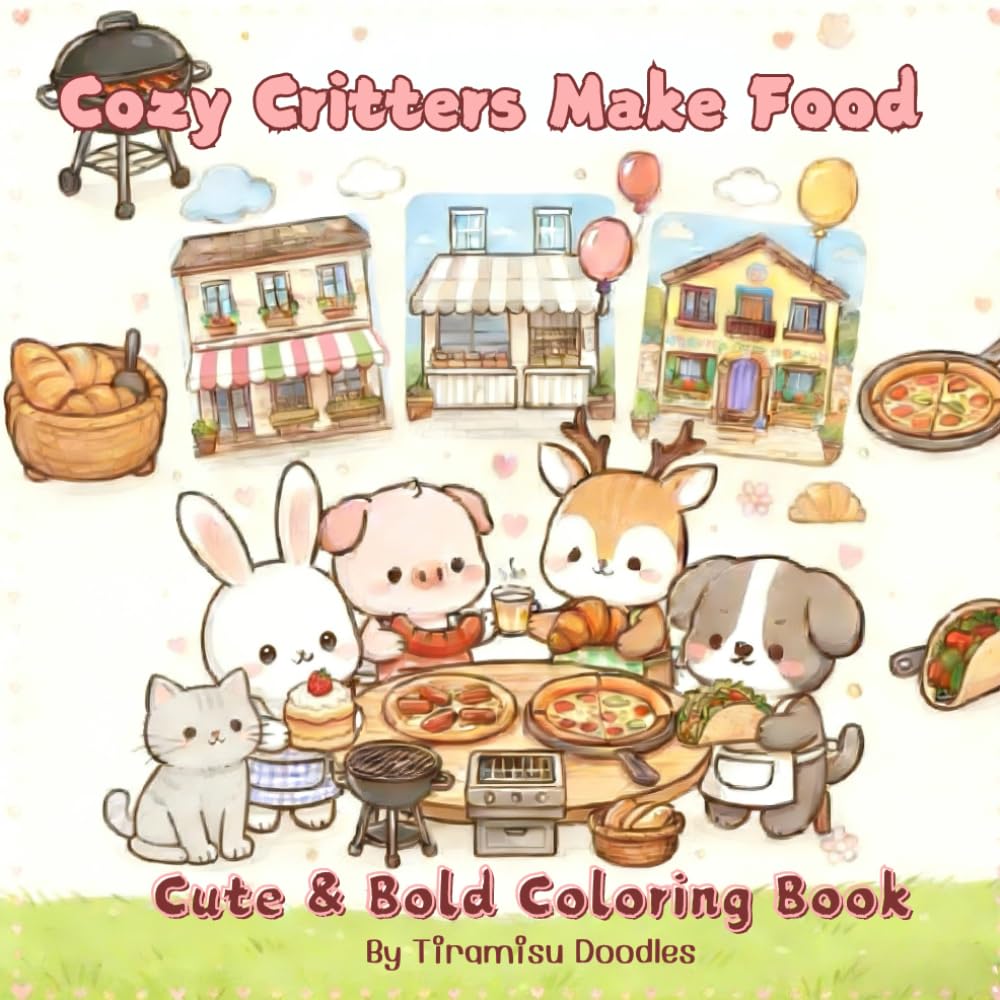 Cozy Critters Make Food :: A coloring book suitable for adults and children, featuring adorable animal chefs. Simple and heartwarming, it helps relieve stress.