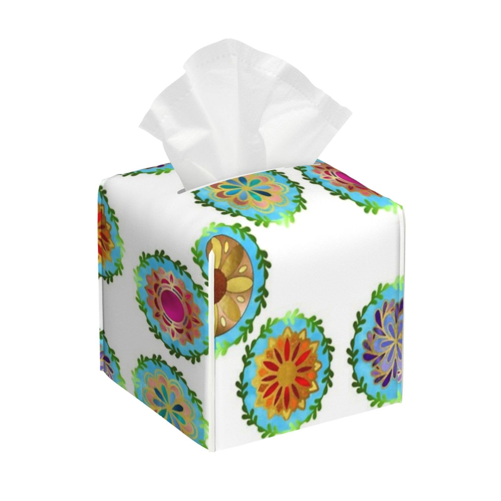 Geometric Flowers Tissue Box Cover 5" Square Leather Tissue Holder Facial Tissue Case for Tabletop Bedroom Bathroom Desk Decor