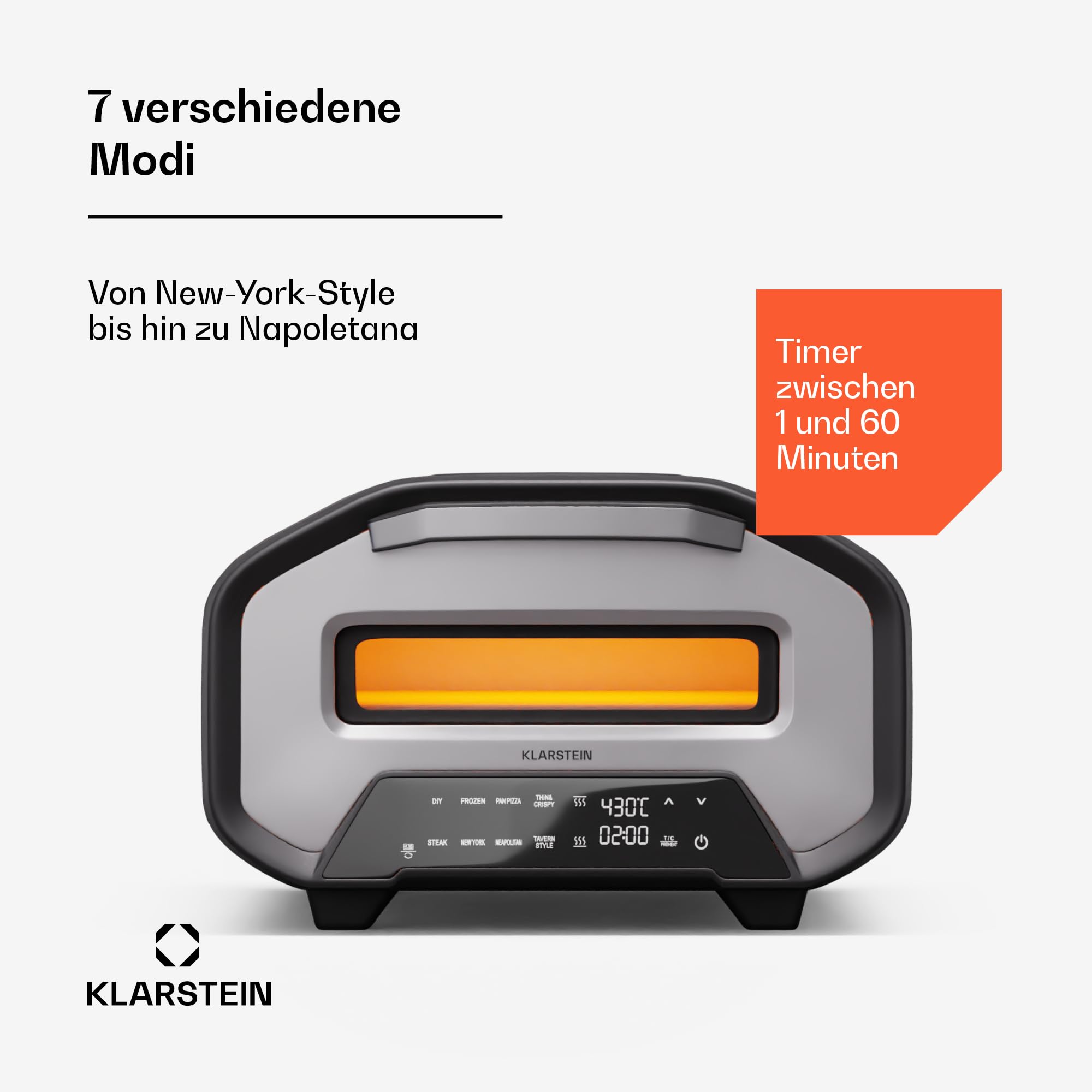 Klarstein PizzaForno elektrischer Pizzaofen - 1700 W, 430 °C, duales Heizsystem, kompakter Elektro-Pizzaofen mit 7 Programmen & digitalem Display, Cool-Touch-Griff, 3-lagige Glastür, Schwarz