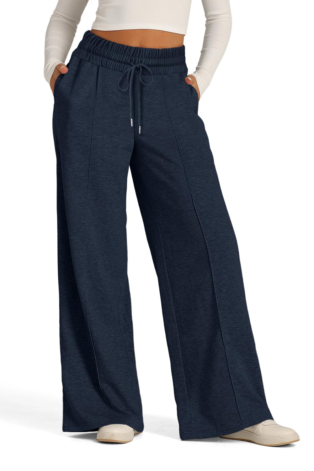 onlypuff Women's High Waisted Wide Leg Sweatpants Casual Yoga Jogger Pants Elastic Waist Lounge M A-navy