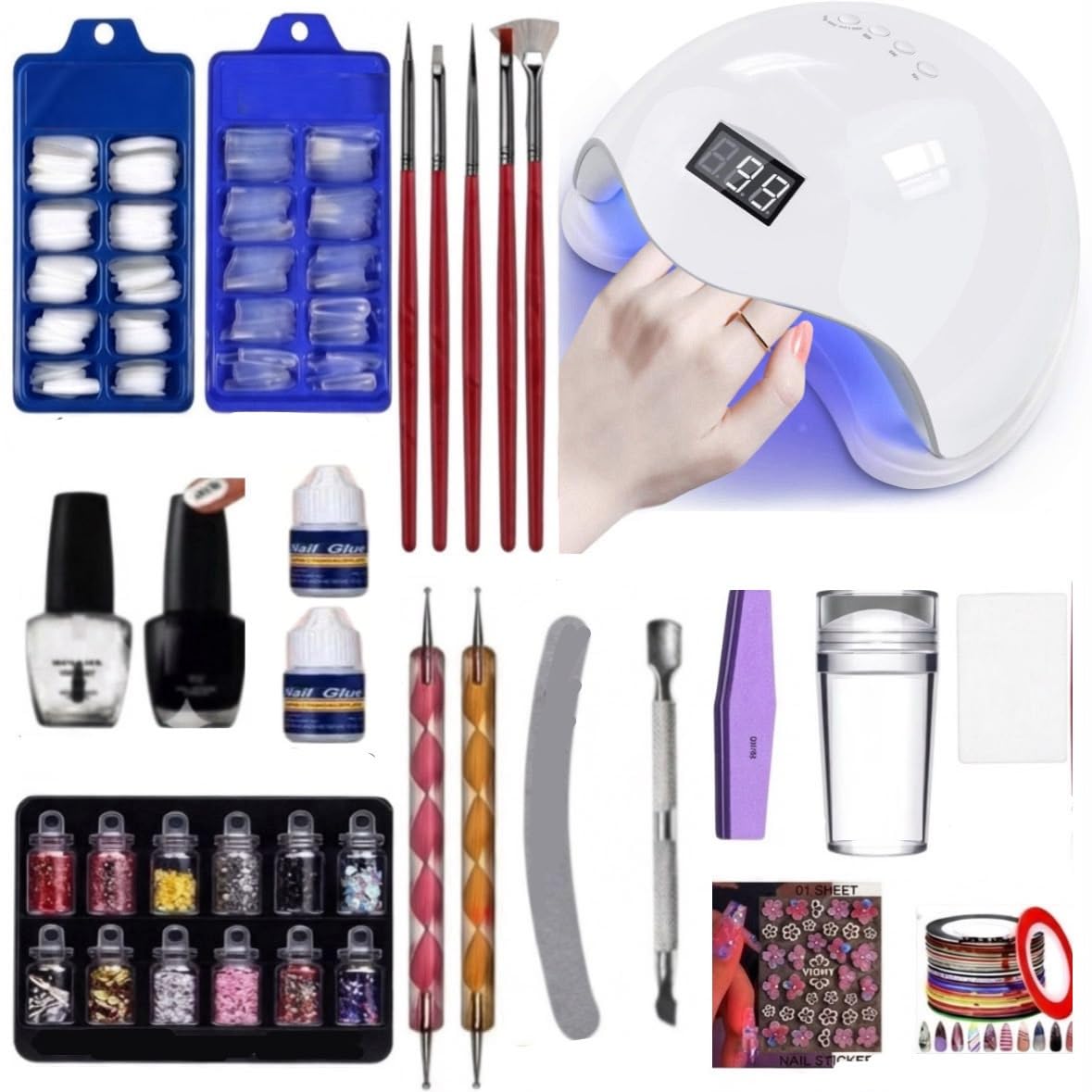 Professional Nail Art Extension Kit with 48W UV LED Lamp, 200 False Nail Tips, Top Coat, Black Gel Polish, Nail Glue, Glitter, Nail Brushes & Complete DIY Manicure Accessories Set-image-32