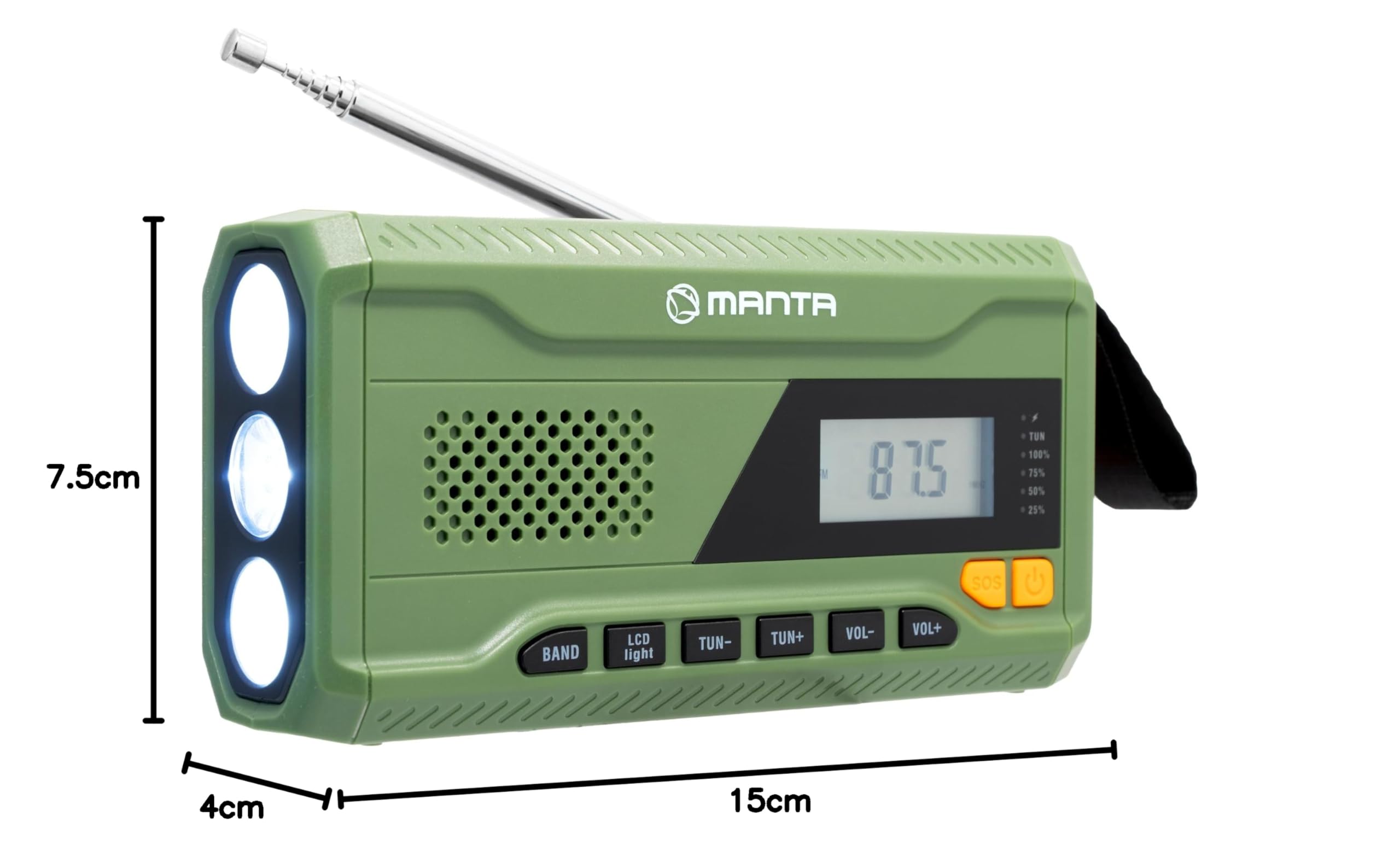 Manta RDI401G solarne radio awaryjne z korbą ręczną, radio FM z przenośnym powerbankiem 4500 mAh, USB-C, jasna latarka i lampka do czytania w sytuacjach awaryjnych w gospodarstwie domowym i na świeżym