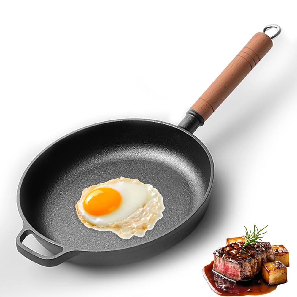 Padella in Ghisa 27 cm con Manico in Legno, in Ferro Durevole e Antiaderente Naturale, adatta a Induzione e a Tutti i Piani Cottura, ideale per Bistecca, Frittata e Verdure