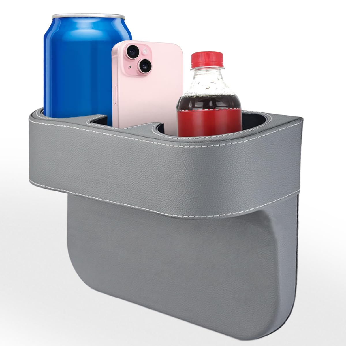 Car Cup Holder, Auto Front Seat Organizer, Multifunctional Cup Drink Holders with PU Leather Cover, Gap Filler Storage Box Coin Bucket Console Side Pocket Cell Mobile Phone Holder (Gray)