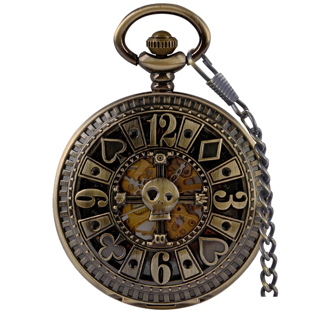 Men's Mechanical Holoow Design Hand Wind Pocket Watch Roman Numerals Steampunk with Chain Box